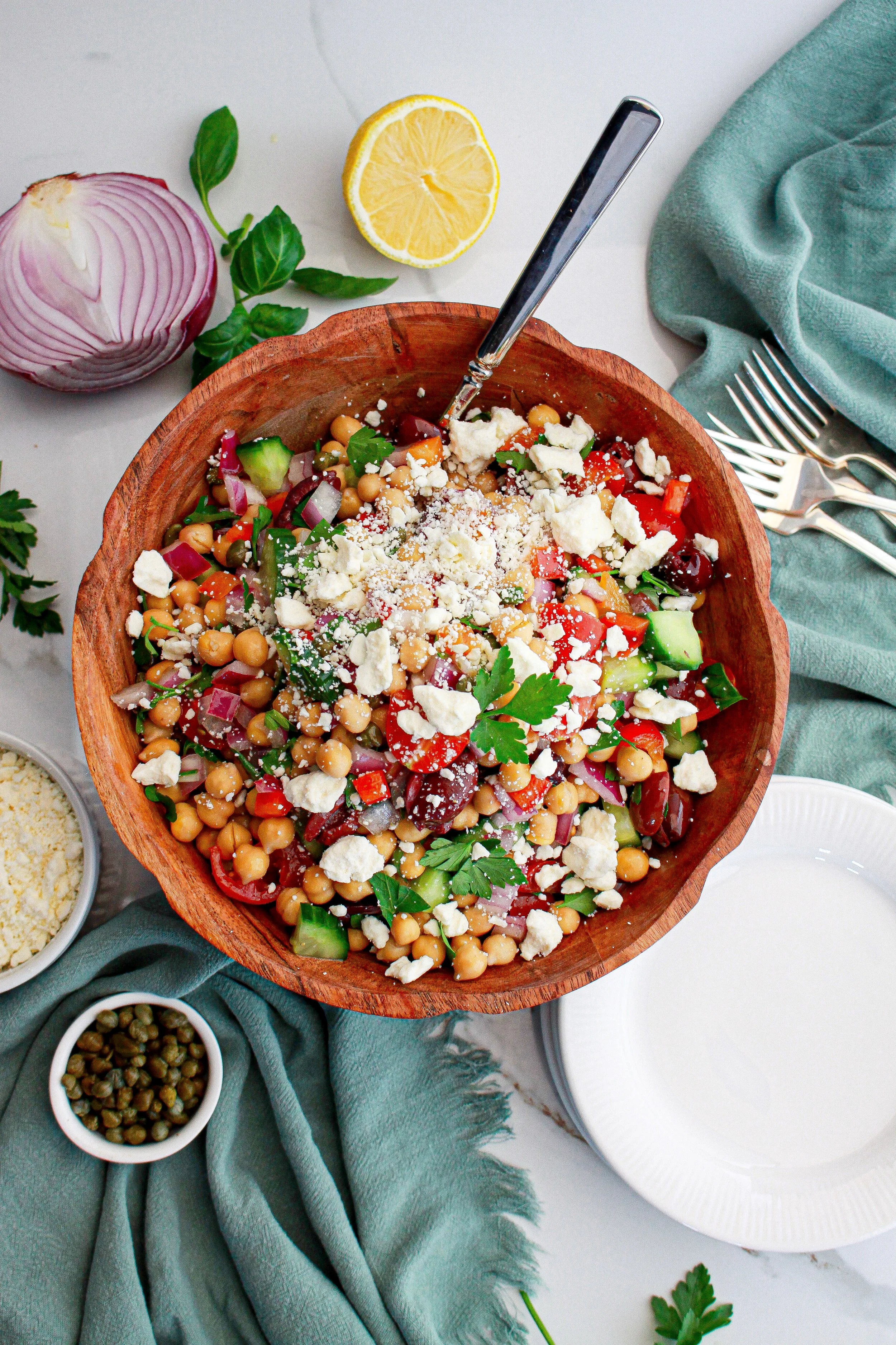 Mediterranean salad with chickpeas, cucumbers, tomatoes, and feta