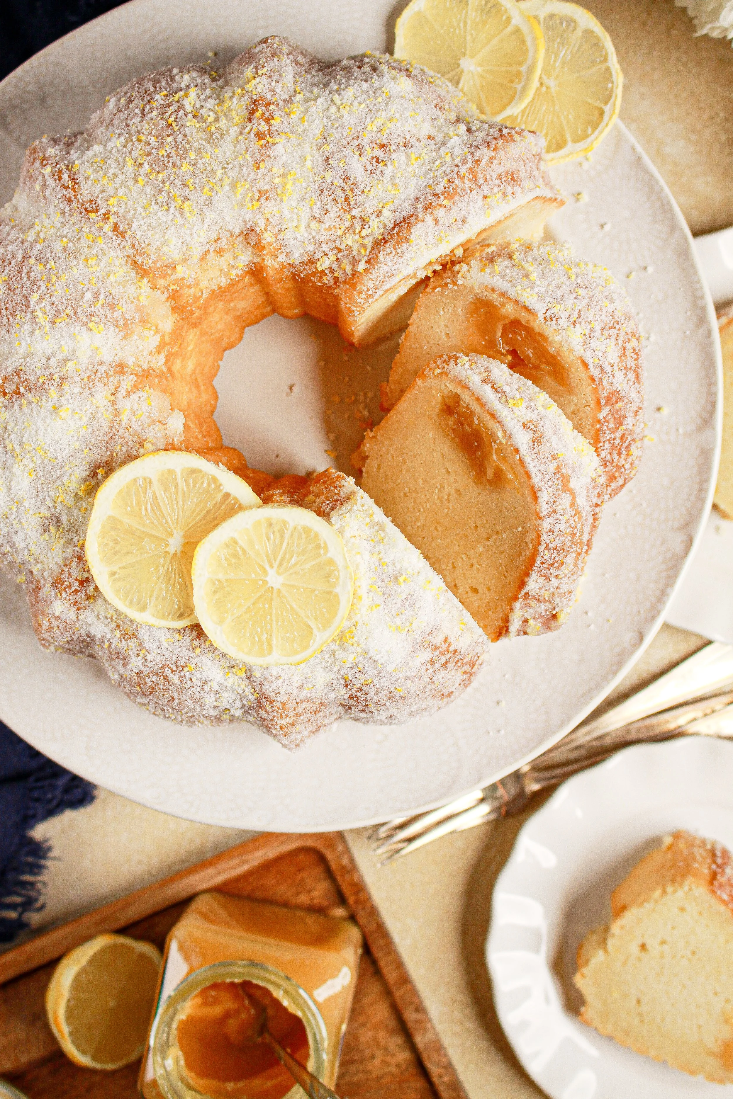 Overhead of lemon donut cake with lemon curd filling