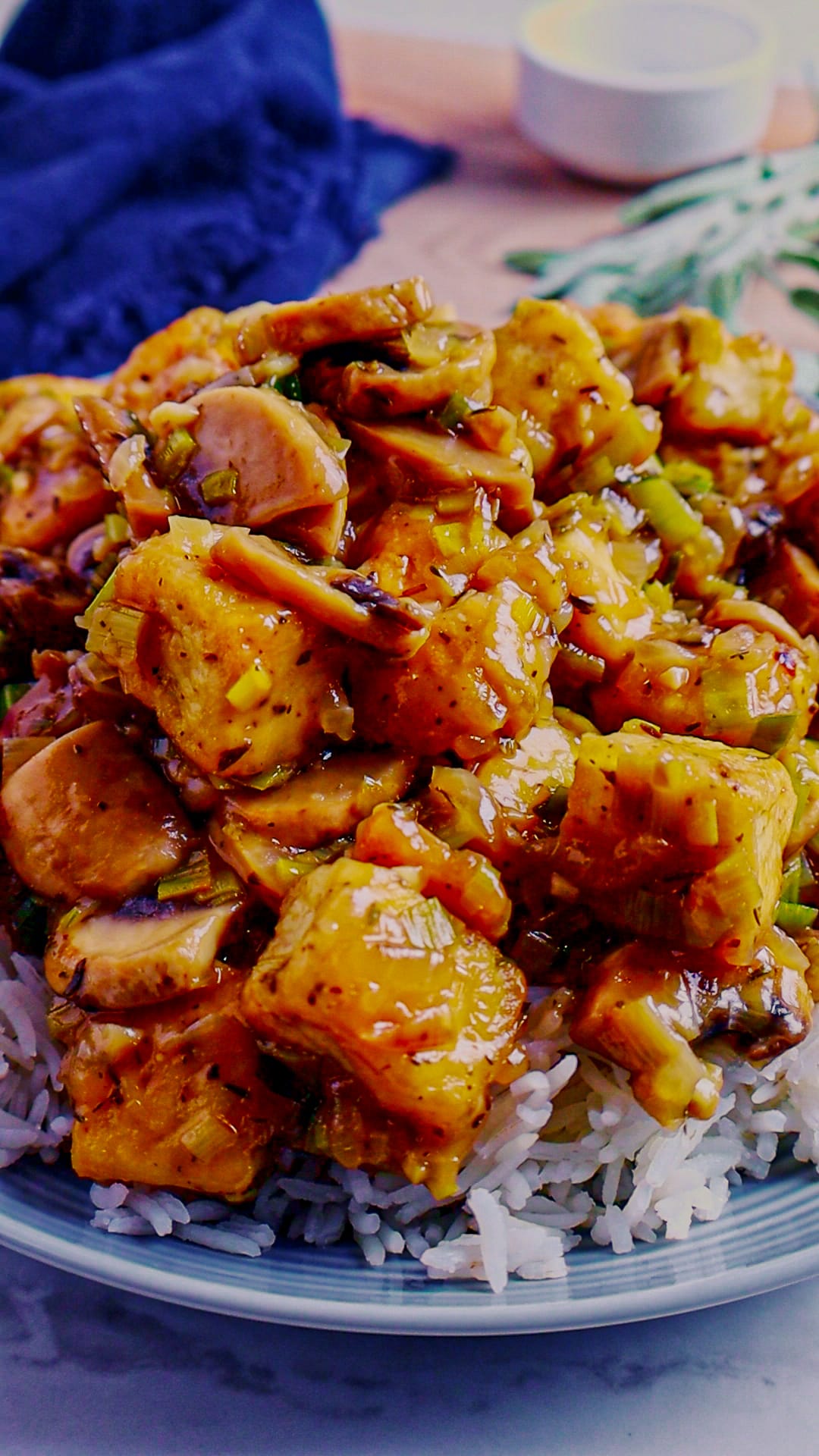 Savory Crispy Tofu and Leek Skillet with Mushroom Gravy