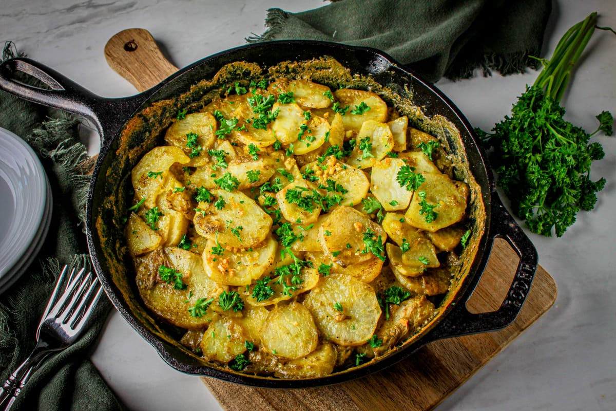 Coconut Curry Skillet Potato Gratin (Vegan, Nut-Free, Allergy-Friendly)
