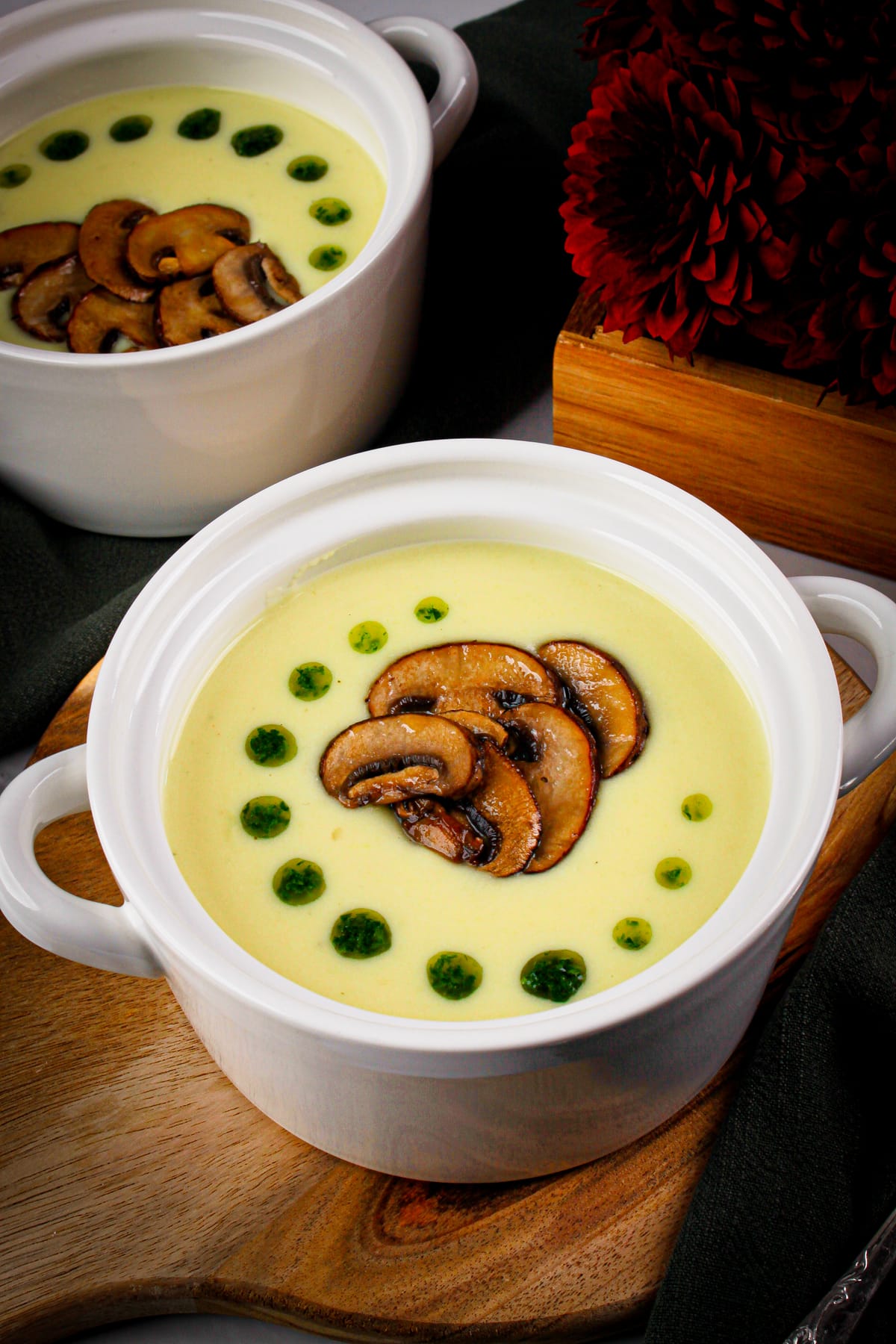 Creamy Potato Leek Soup with Sauteed Mushrooms and Parsley Oil