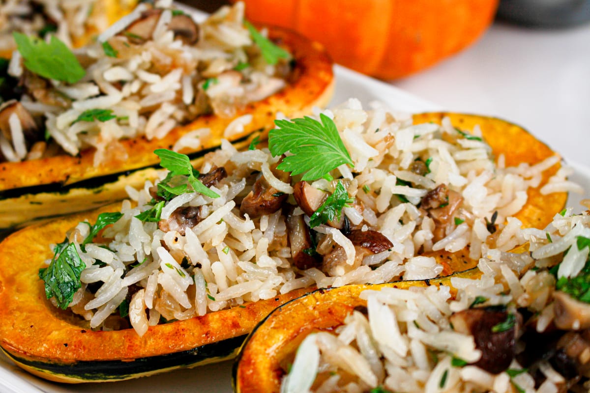 Stuffed Delicata Squash with Herbed Rice and Mushrooms