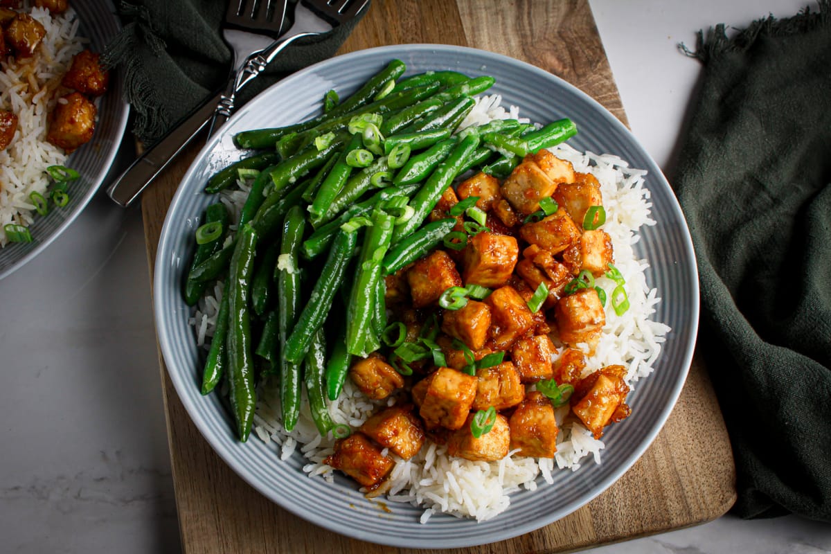 Crispy Maple-Soy Tofu with Garlic Green Beans
