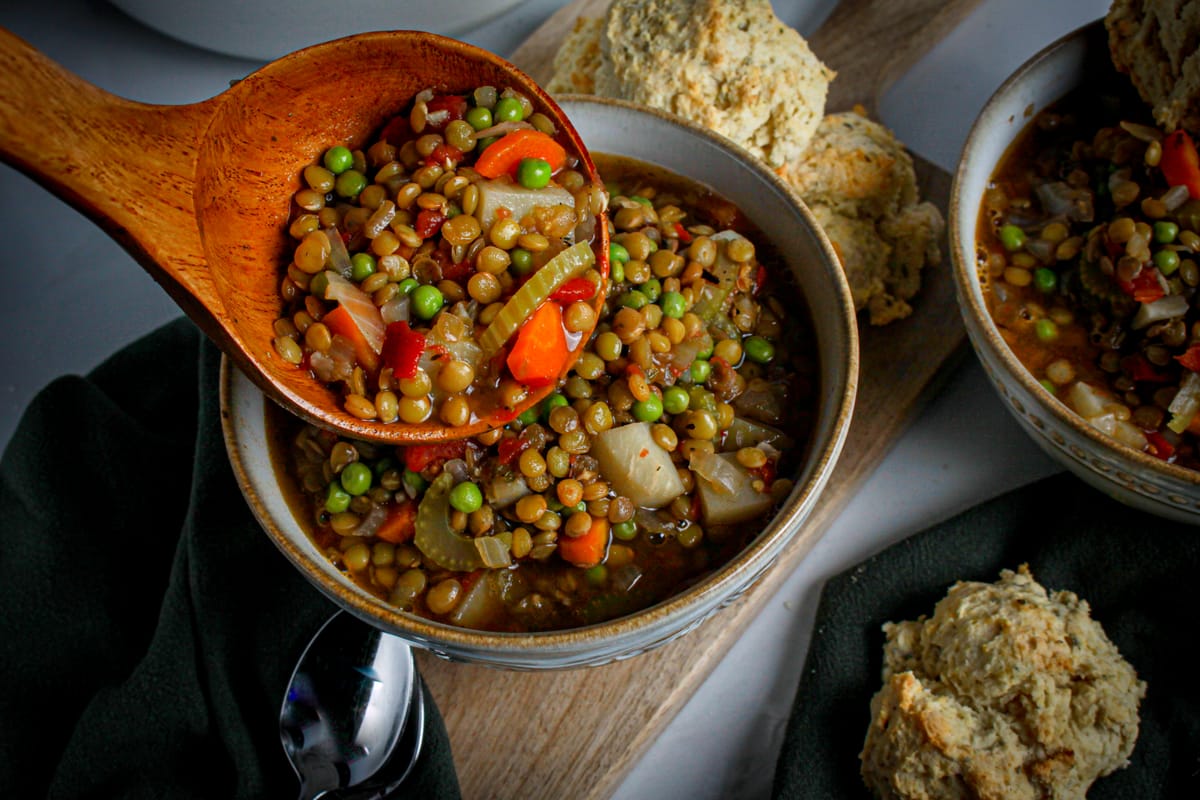 Lentil & Veggie Stew with Garlic Herb Drop Biscuits