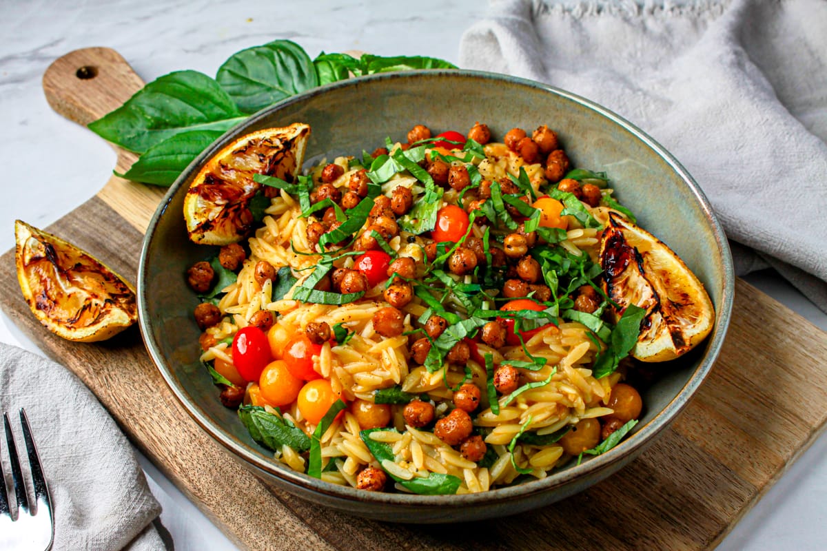 Citrus Garlic Orzo with Burst Tomatoes & Crispy Chickpeas